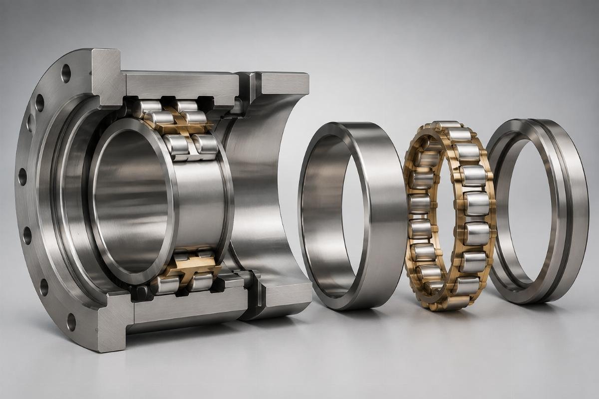 Stern tube spherical roller bearing assembly showing inner ring, cage, and rollers