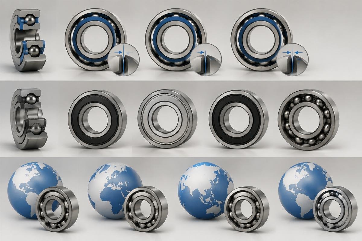 Suffix comparison chart showing clearance, sealing, and origin variations on SKF bearings