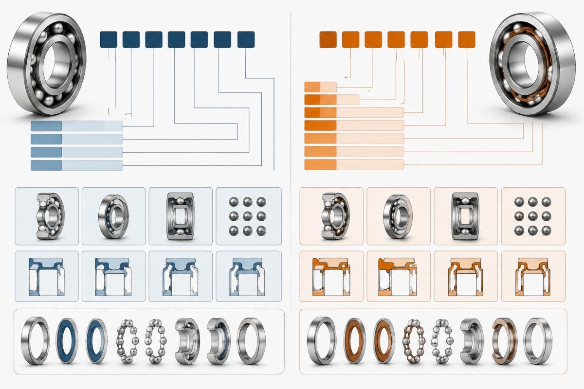 Suffix decoding chart comparing SKF and Timken deep groove ball bearing designation systems