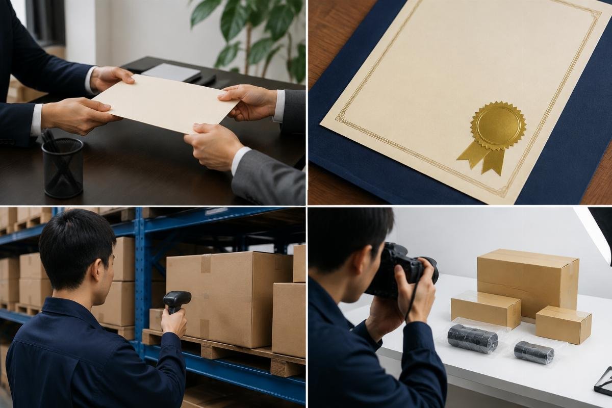 Supplier verification checklist showing authorization letter origin certificate batch traceability and labeling photos