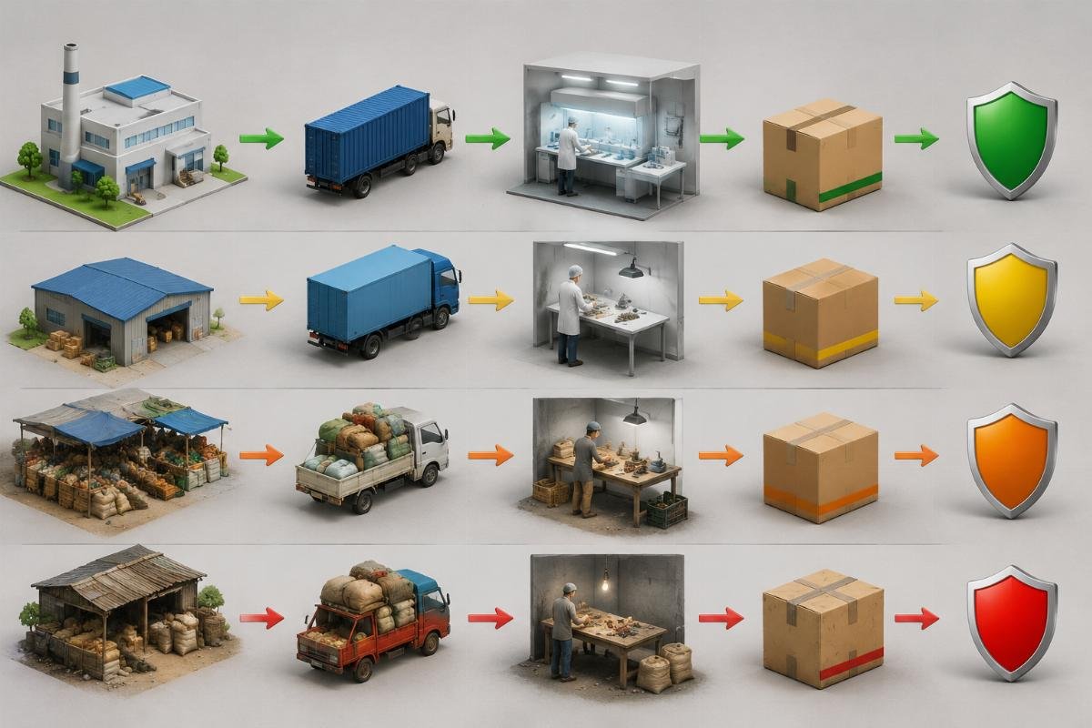 Supply chain traceability comparison showing counterfeit risk levels across different sourcing patterns for Peru buyers
