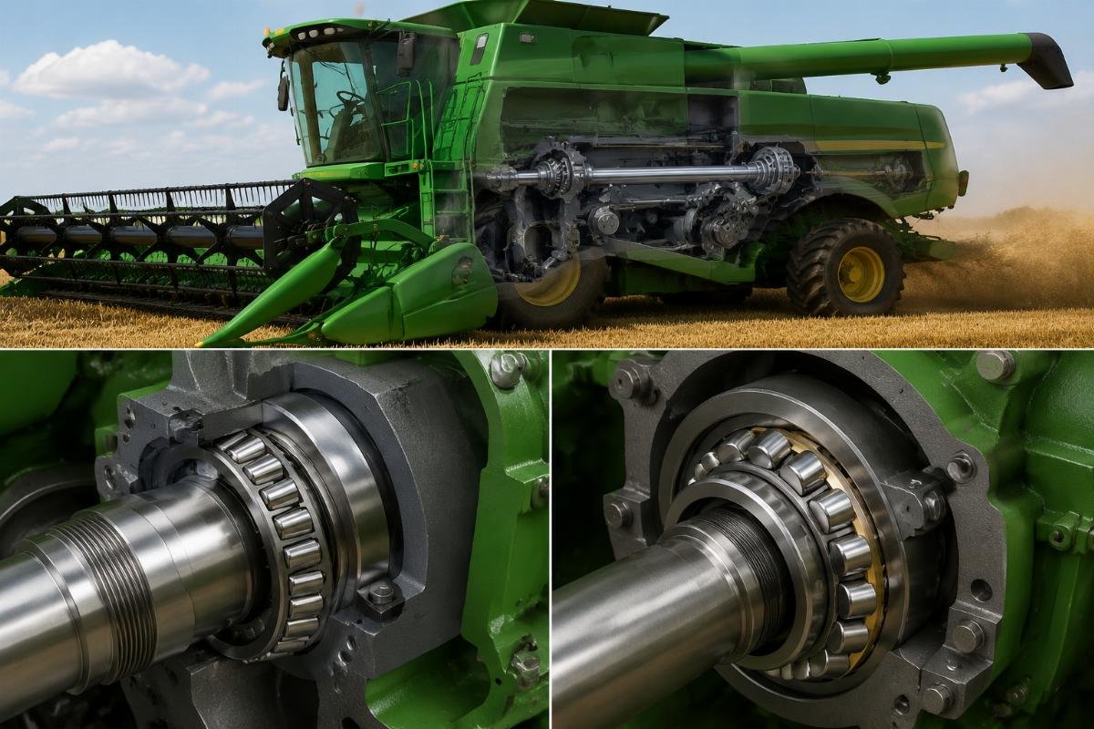 Tapered roller bearing and spherical roller bearing installed in a combine harvester main drive and rotor assembly