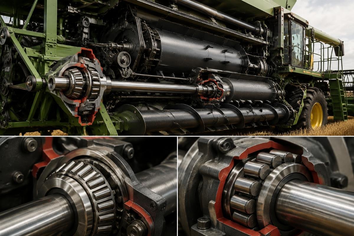 Tapered roller bearing and spherical roller bearing installed in a combine harvester main drive and rotor assembly