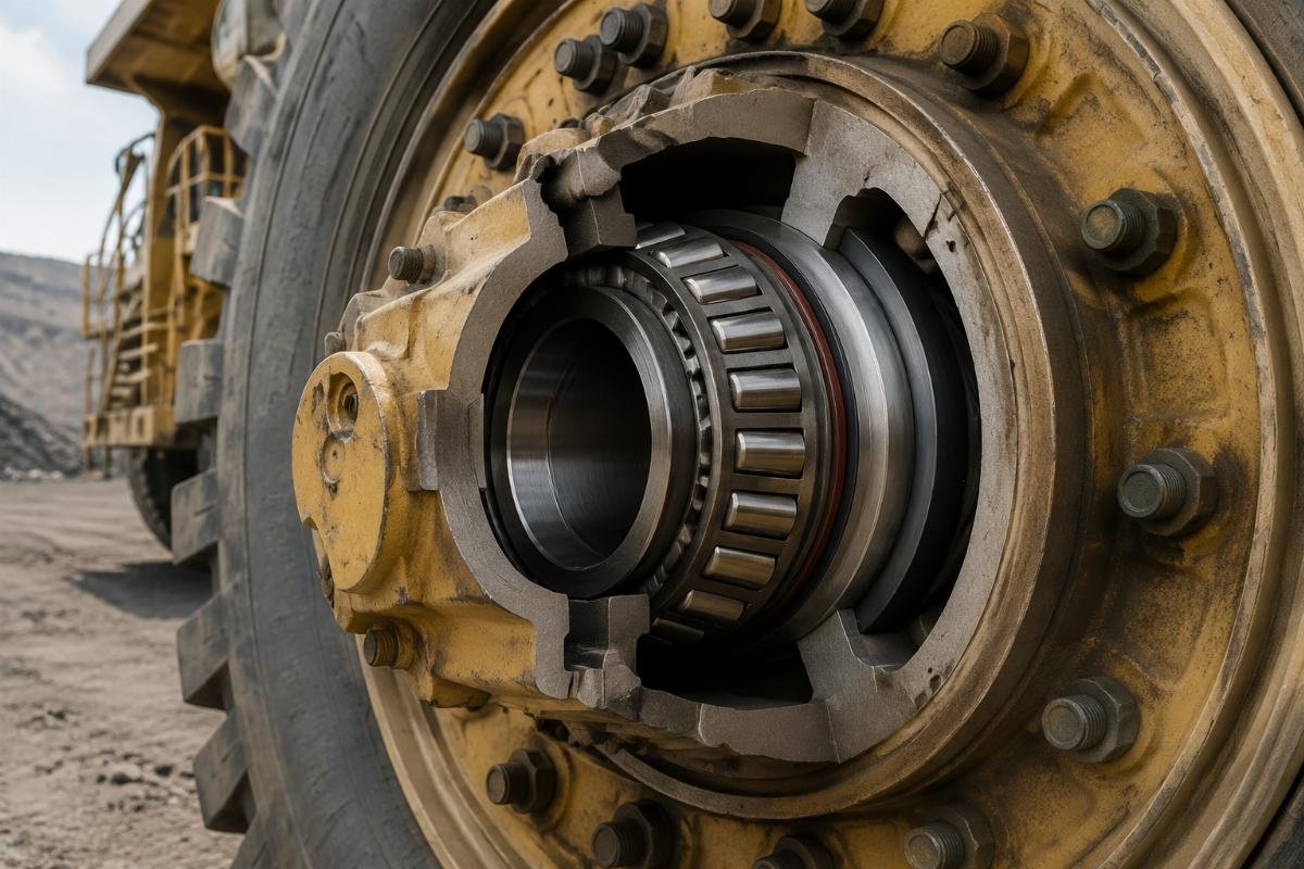 Tapered roller bearing assembly inside a mining haul truck wheel hub showing inner ring, rollers, cage, and seal