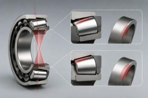 Tapered roller bearing cross-section showing cone angle and contact ellipse differences