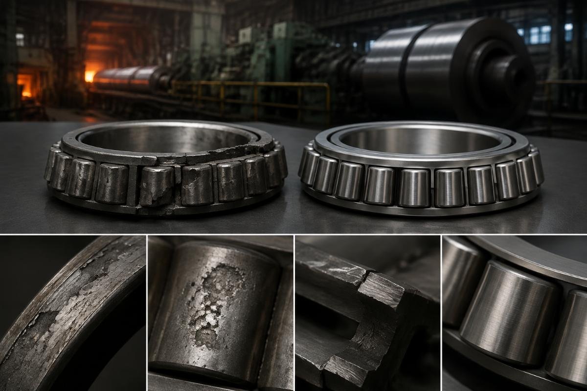 Tapered roller bearing failure analysis showing material defect vs. certified component Steel Mill Bearing Failure Analysis