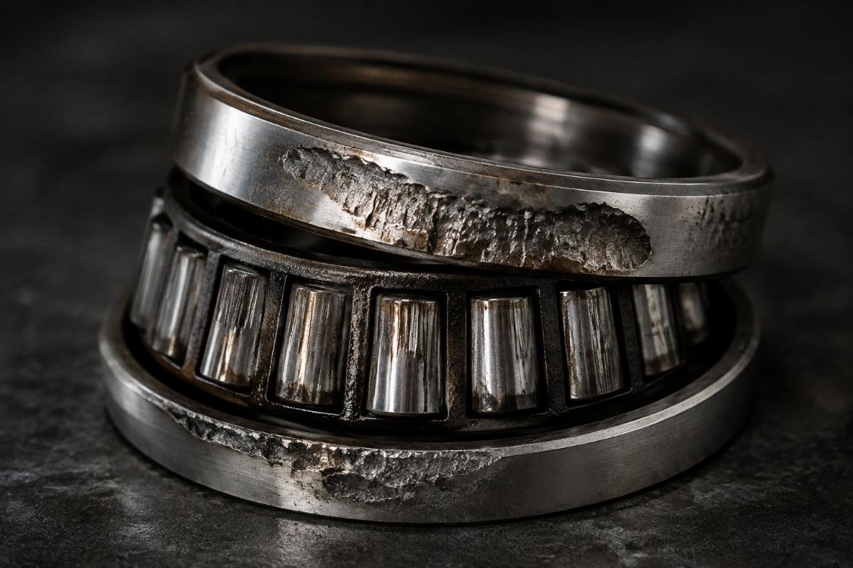 Tapered roller bearing failure showing edge loading and raceway spalling due to incorrect preload