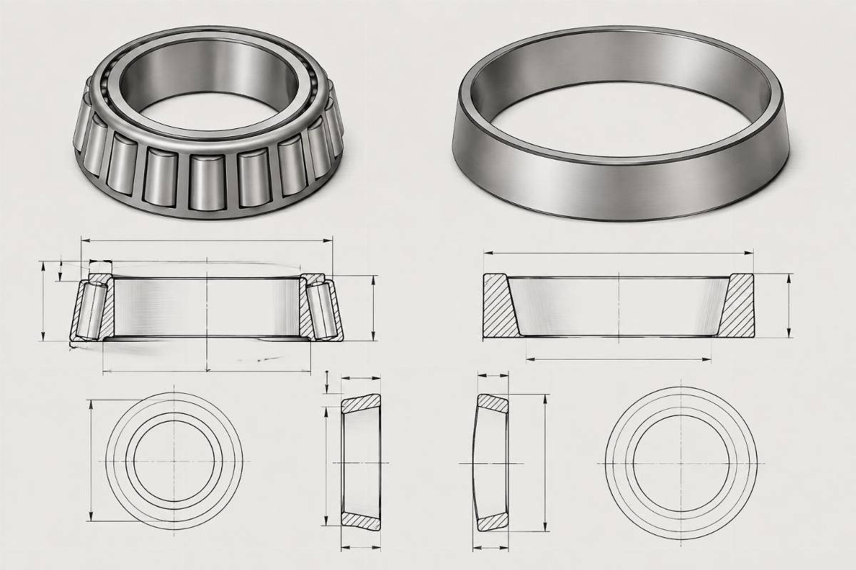 Tapered roller bearing inner ring and outer ring with dimensional callouts for cross-reference