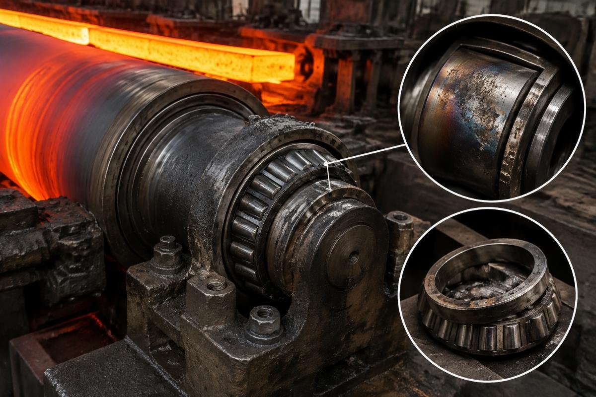 Tapered roller bearing installed in a steel mill roll table showing thermal damage from insufficient radial clearance