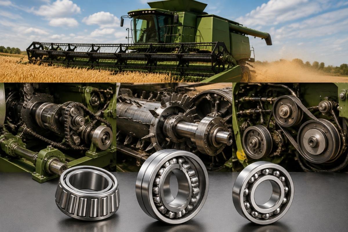 Tapered roller bearing, spherical roller bearing, and deep groove ball bearing used in combine harvester drivetrain, rotor, and auxiliary systems