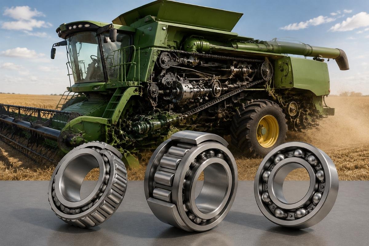 Tapered roller bearing, spherical roller bearing, and deep groove ball bearing used in combine harvester drivetrain, rotor, and auxiliary systems