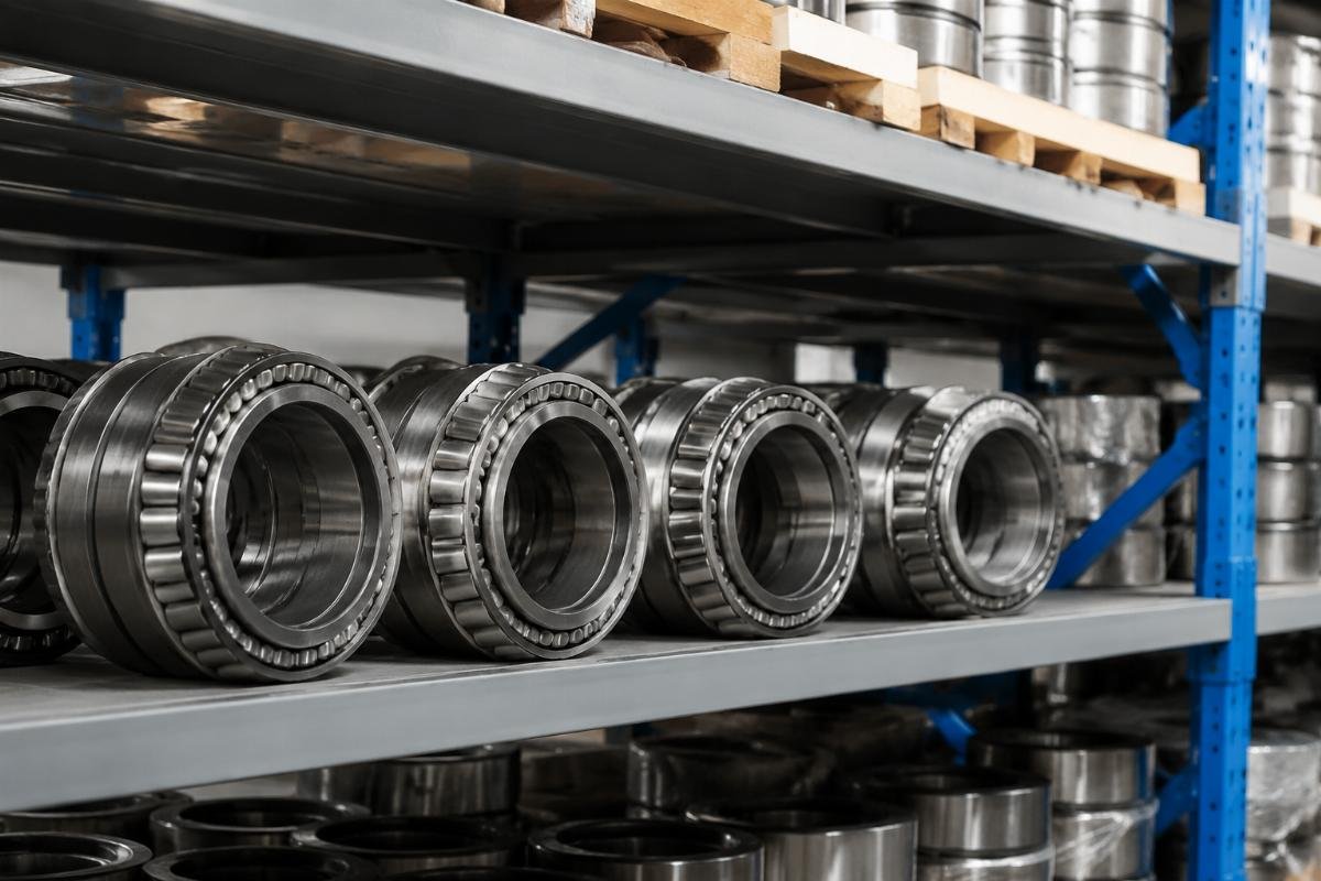Tapered roller bearing stored horizontally on a warehouse shelf with orientation label visible