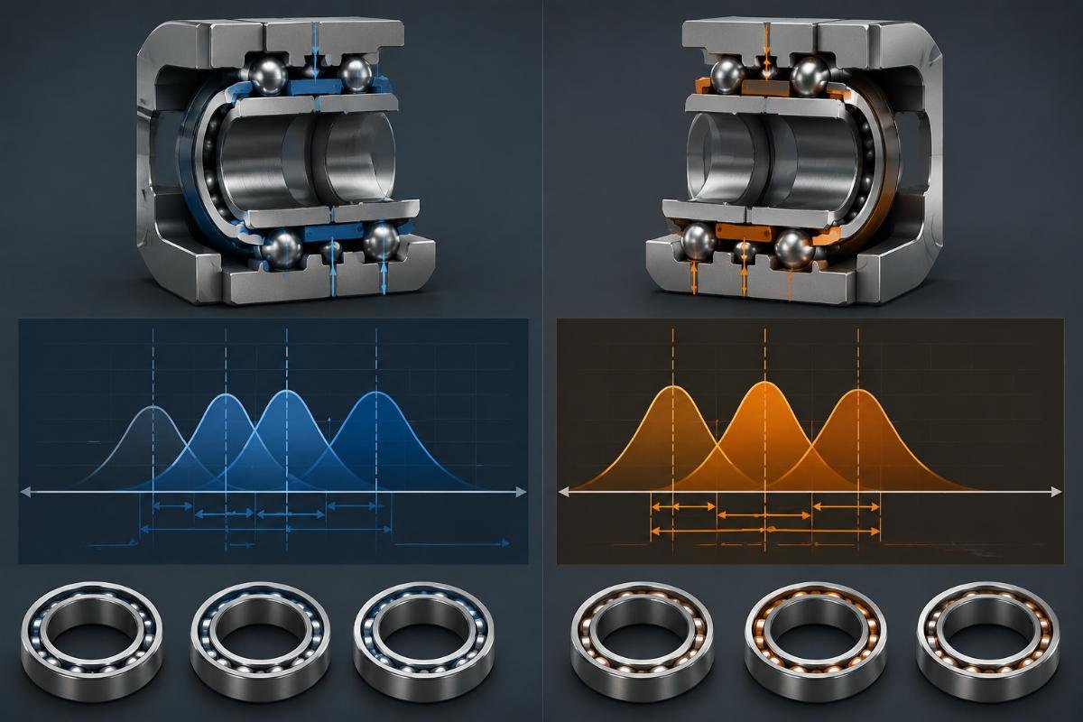 Technical chart showing internal clearance tolerance differences between SKF and Timken standards