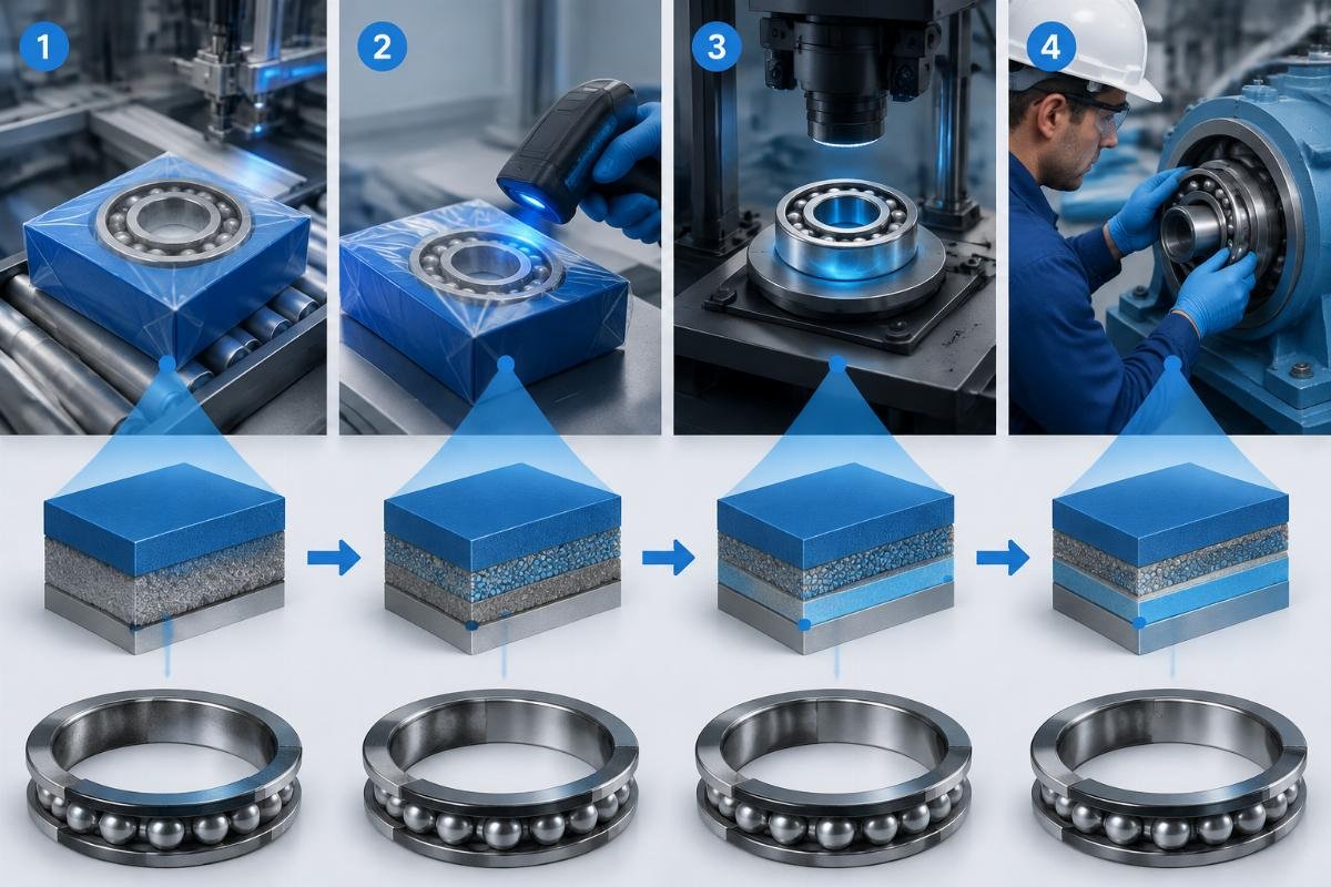 Technical diagram showing four-layer SKF bearing authentication workflow from packaging to inner ring