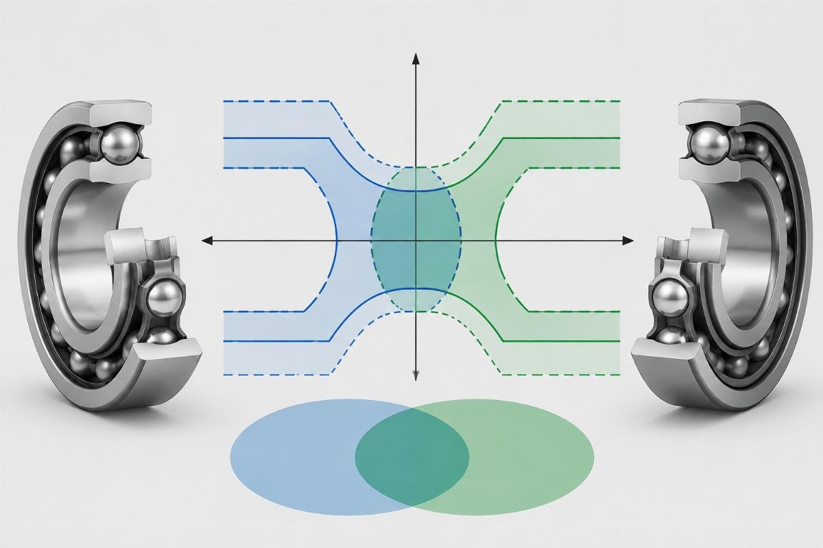 Technical diagram showing tolerance band overlap between ABMA and ISO standards for radial bearings