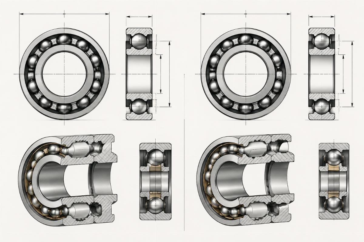 Technical drawing comparison showing dimensional and internal geometry differences between cross-referenced SKF and Timken bearing models