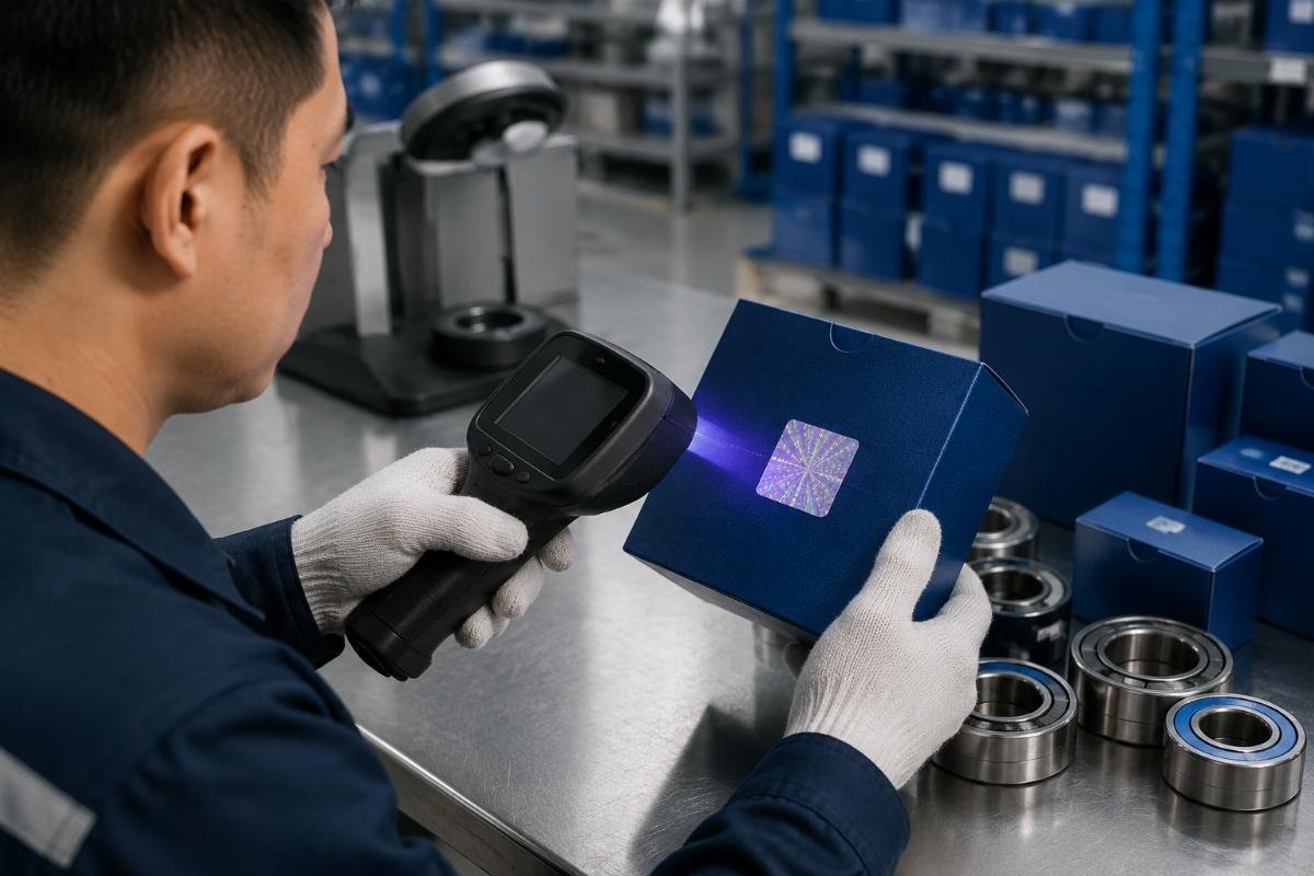Technician scanning anti-counterfeit holographic label on bearing packaging with verification device