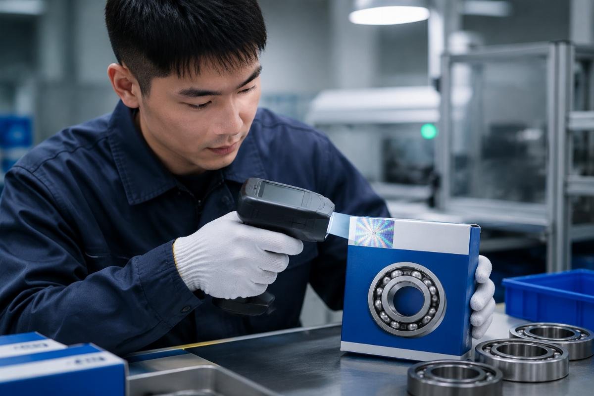 Technician scanning anti-counterfeit holographic label on bearing packaging with verification device