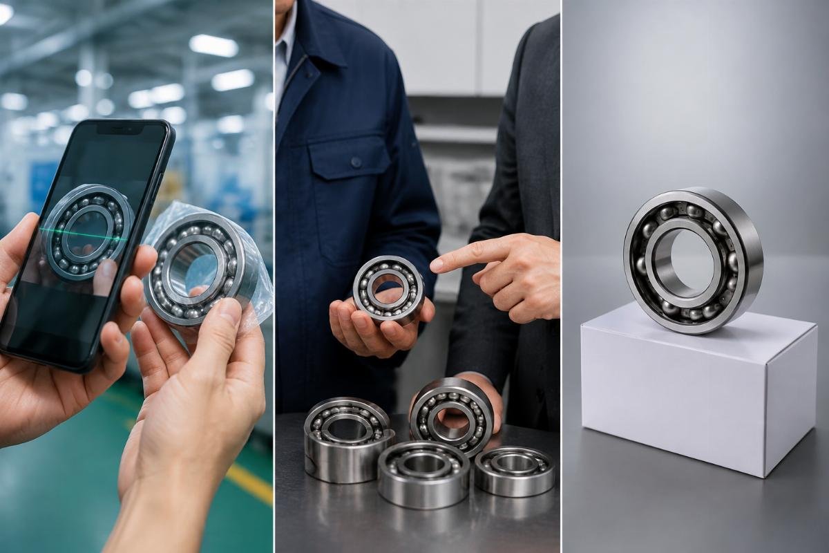 Three-layer bearing authenticity verification process showing QR scan, distributor check, and origin code identification