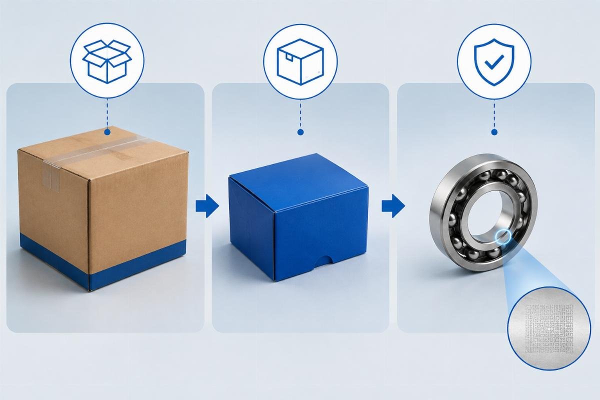 Three-layer SKF bearing verification process: outer carton, inner box, and anti-counterfeit code