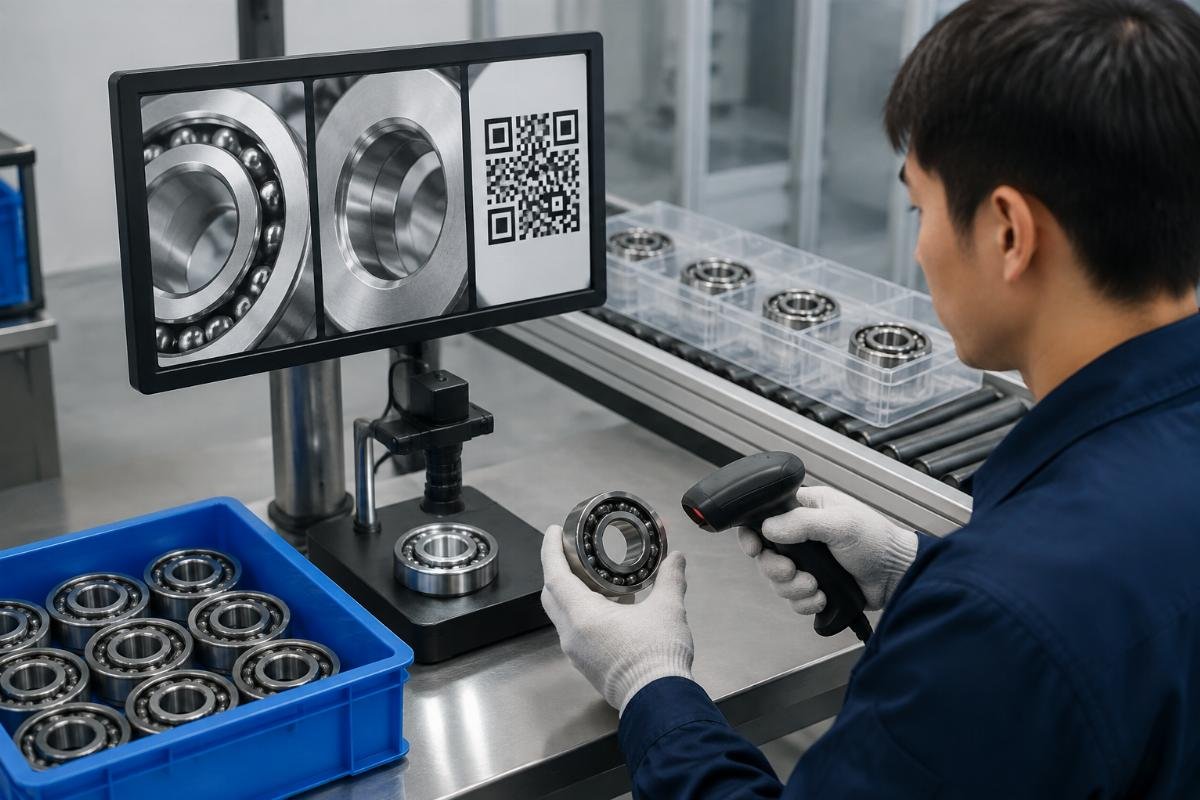 Three-point bearing verification process showing batch number, origin code, and QR code cross-check