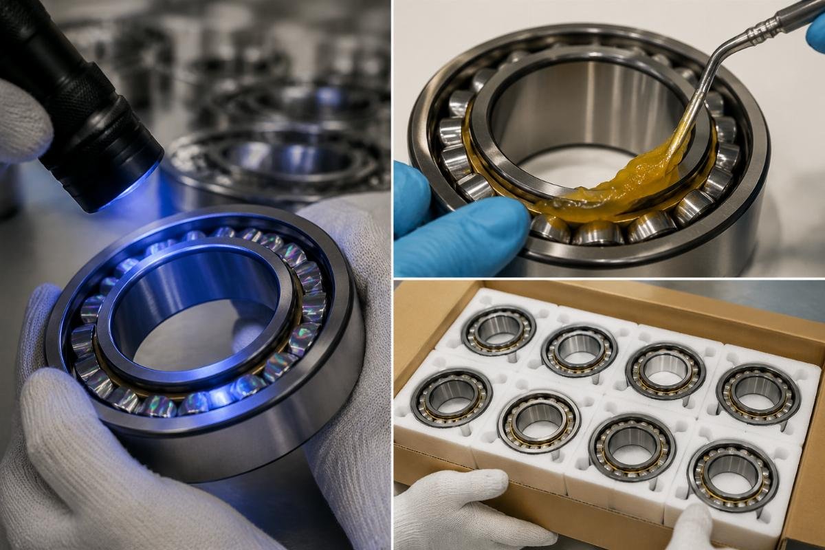Three-point pre-shipment bearing authenticity verification showing hologram cage and grease inspection