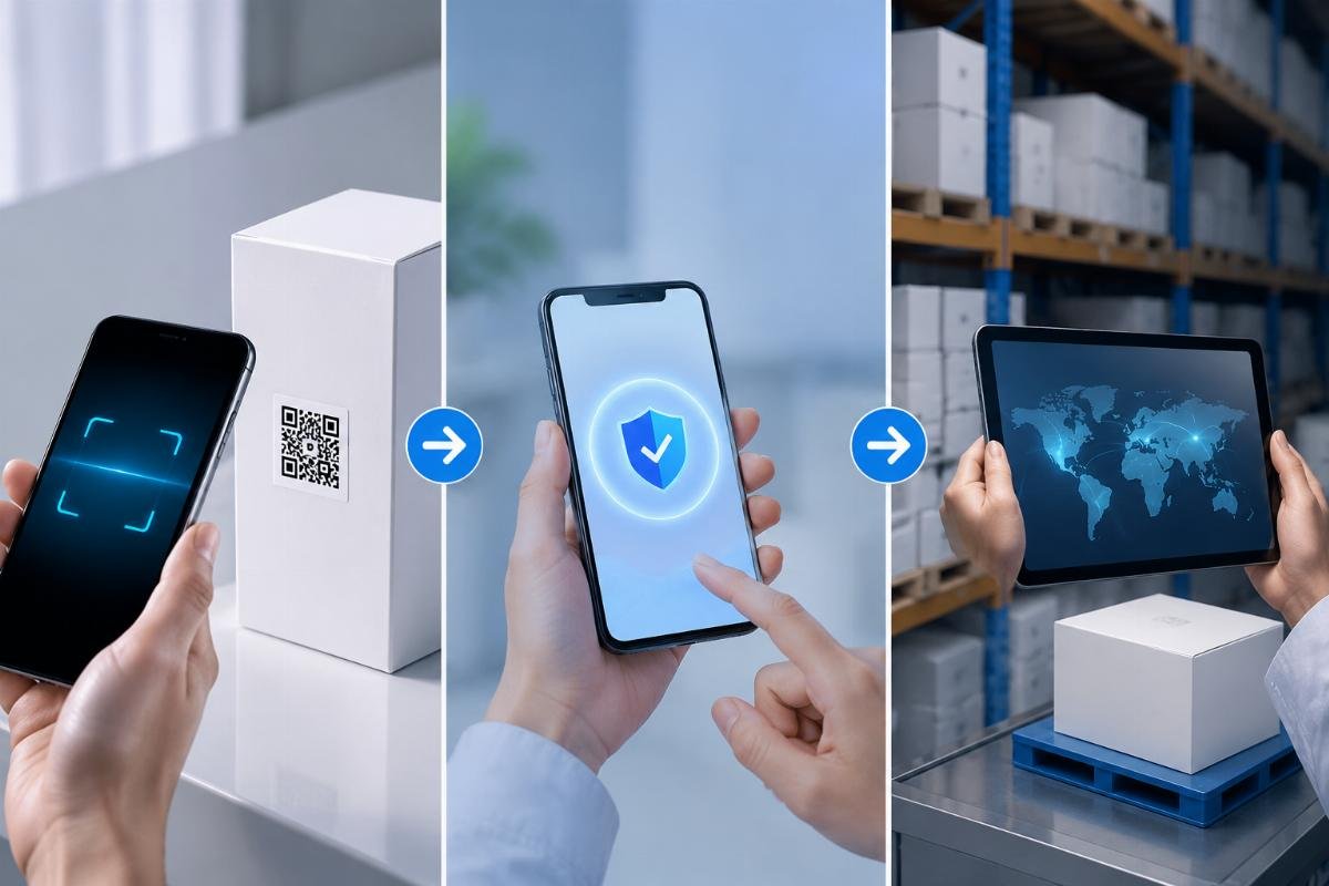 Three-step anti-counterfeit validation process showing QR scan, app verification, and batch traceability