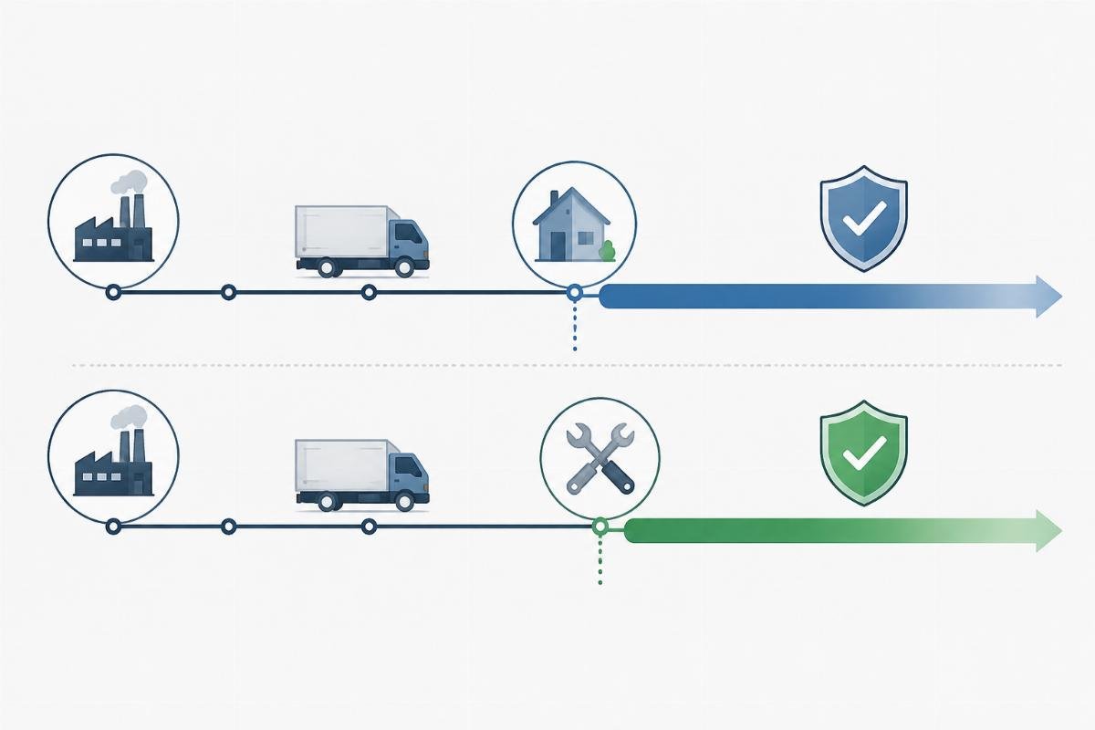 Timeline diagram showing warranty calculation from manufacturing date versus installation date