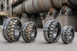 Timken and SKF spherical roller bearings laid out for cement kiln support roller application comparison
