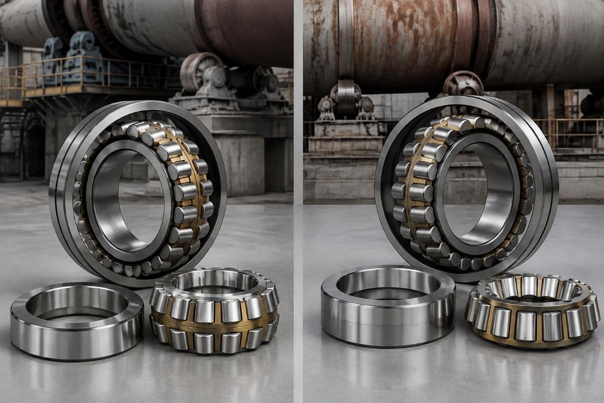 Timken and SKF spherical roller bearings laid out for cement kiln support roller application comparison