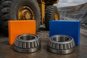 Timken and SKF tapered roller bearings displayed side by side for mining wheel hub comparison