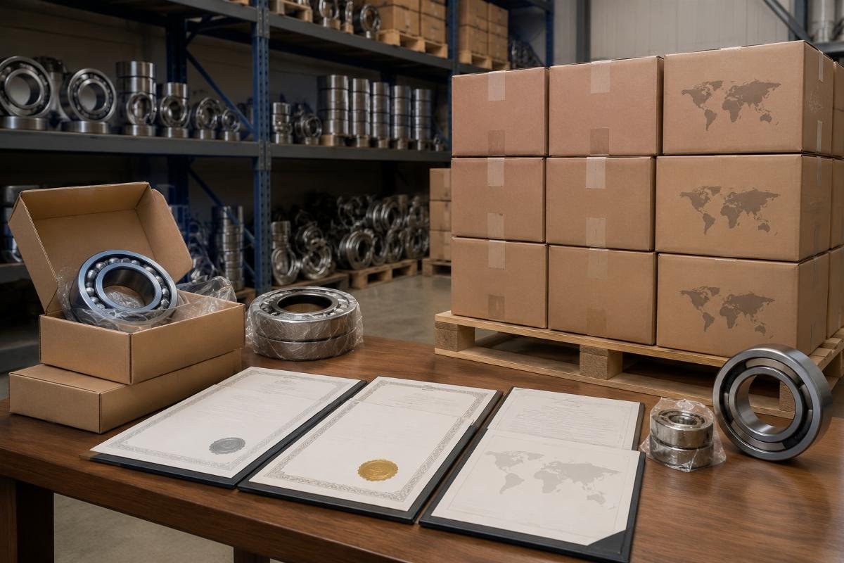 TIMKEN bearing warehouse with authorized supplier verification documents and country-of-origin markings on cartons