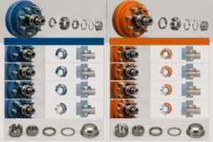 Torque specification comparison chart for SKF and Timken wheel end assemblies showing spindle nut stages
