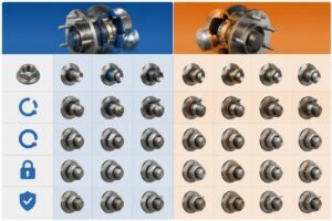 Torque specification comparison chart for SKF and Timken wheel end assemblies showing spindle nut stages