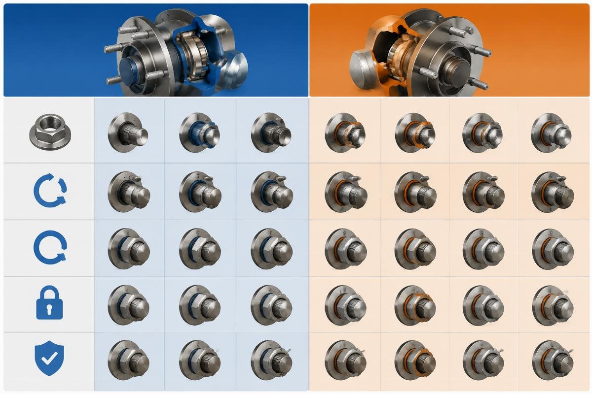 Torque specification comparison chart for SKF and Timken wheel end assemblies showing spindle nut stages