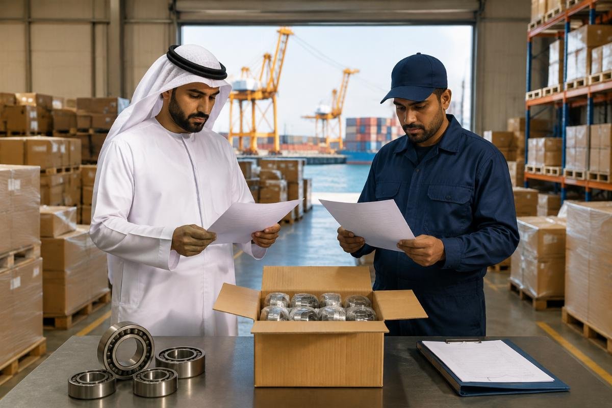 Verification of SKF bearing authorization documents and certificate of origin at a UAE port warehouse