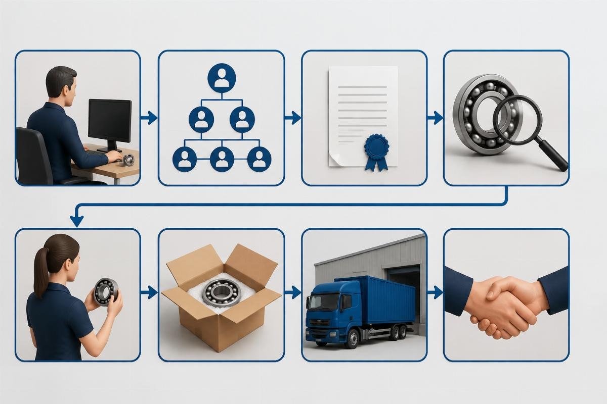 Verification process flowchart showing authorization chain, certificate of origin, and stamp inspection steps for Genuine SKF Bearing Supplier Argentina Verified Dealer sourcing