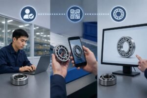 Verification workflow for genuine SKF bearings including authorization check, QR scan, and cross-reference comparison