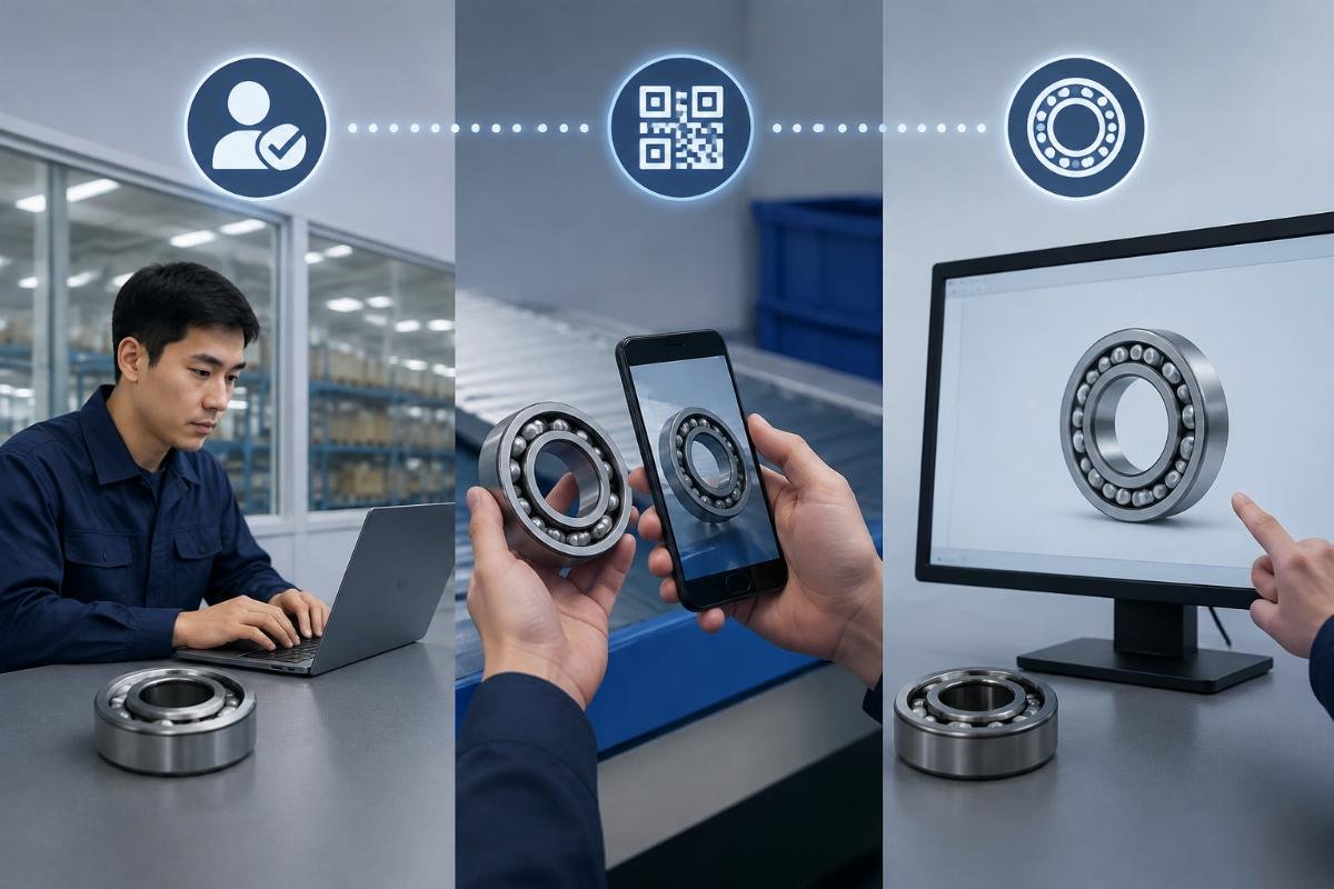 Verification workflow for genuine SKF bearings including authorization check, QR scan, and cross-reference comparison