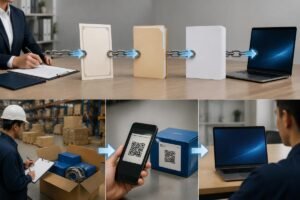 Verification workflow showing authorization chain, origin documents, and QR code scanning process for genuine SKF supplier Peru sourcing