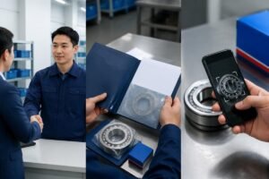 Verification workflow showing authorized distributor check, origin document review, and QR scan for genuine SKF bearings