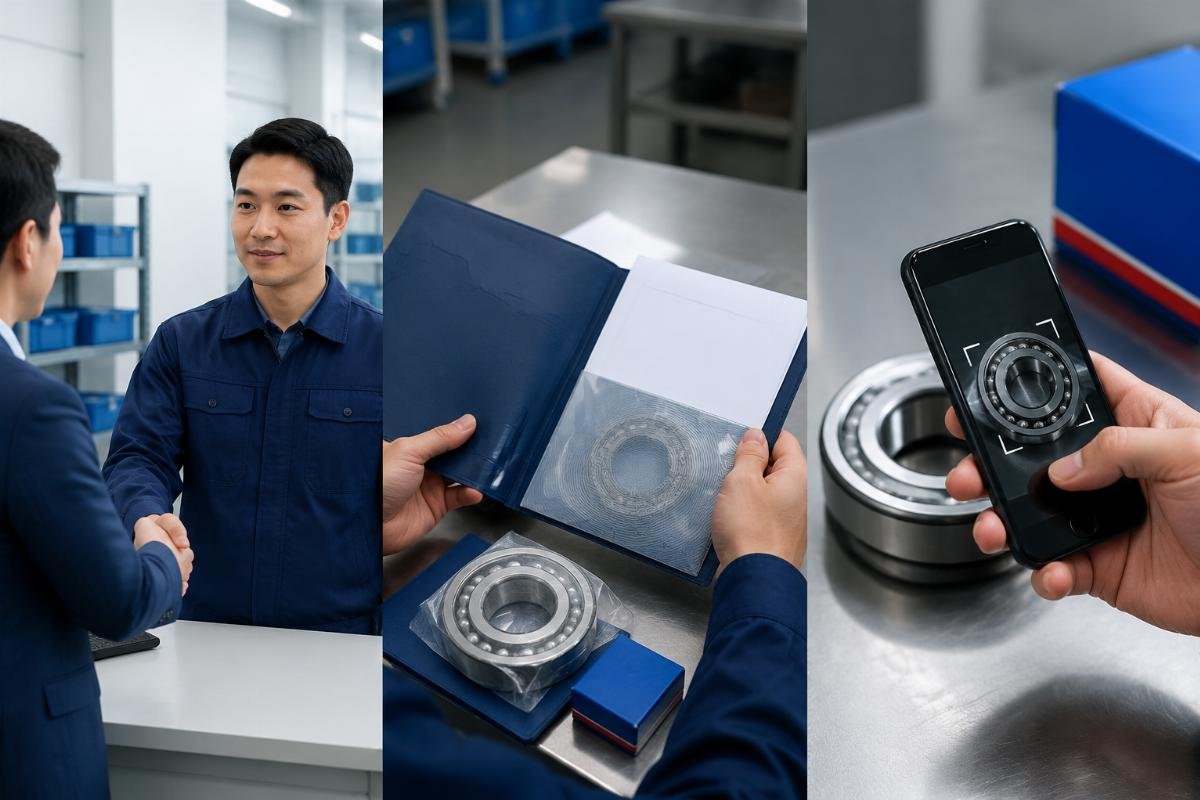 Verification workflow showing authorized distributor check, origin document review, and QR scan for genuine SKF bearings