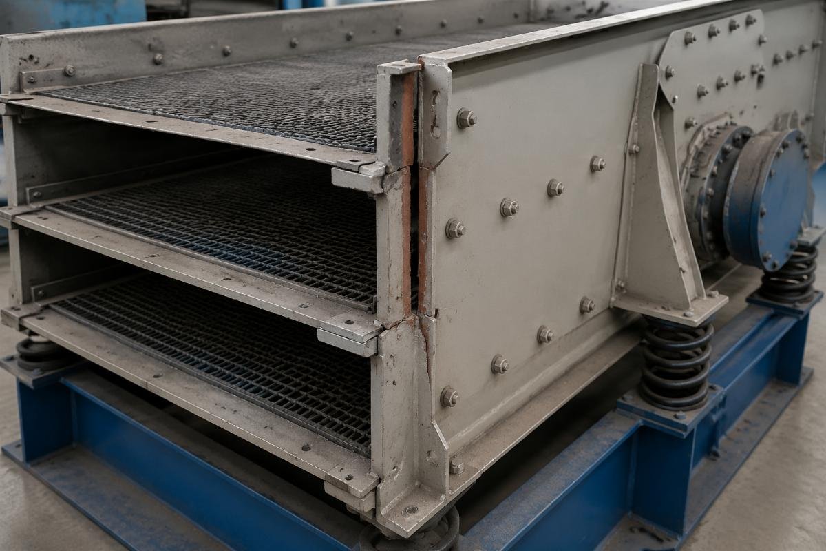 Vibrating screen housing showing fit mismatch damage