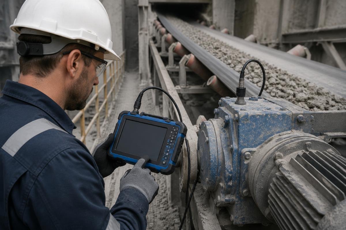 Vibration analyst configuring handheld analyzer with brand-specific alarm thresholds at a cement plant conveyor drive