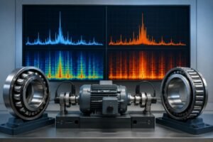 Vibration spectrum comparison showing distinct baseline signatures for SKF spherical roller bearing versus Timken tapered roller bearing under identical load conditions