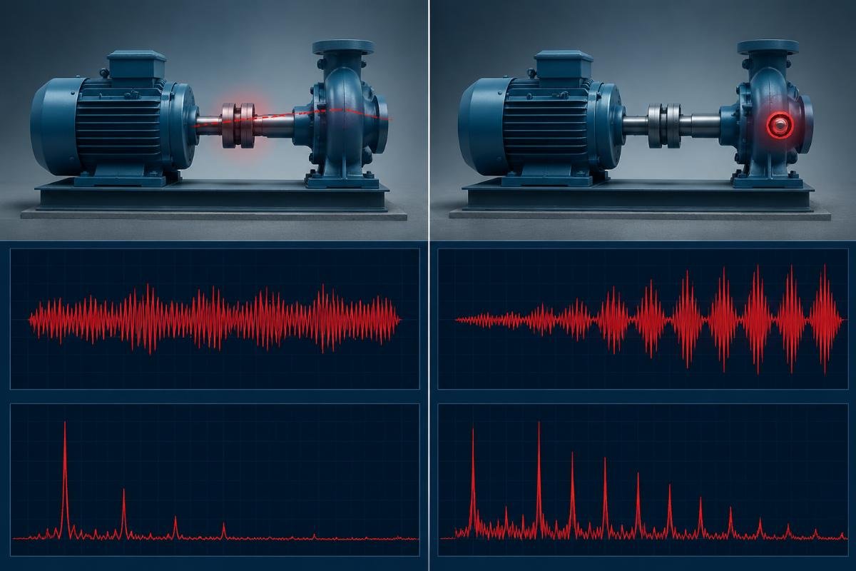 Vibration trend comparison showing external misalignment versus bearing defect
