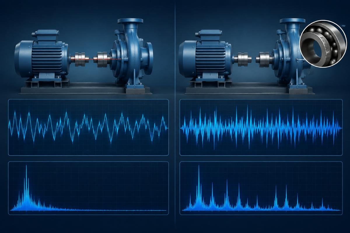 Vibration trend comparison showing external misalignment versus bearing defect