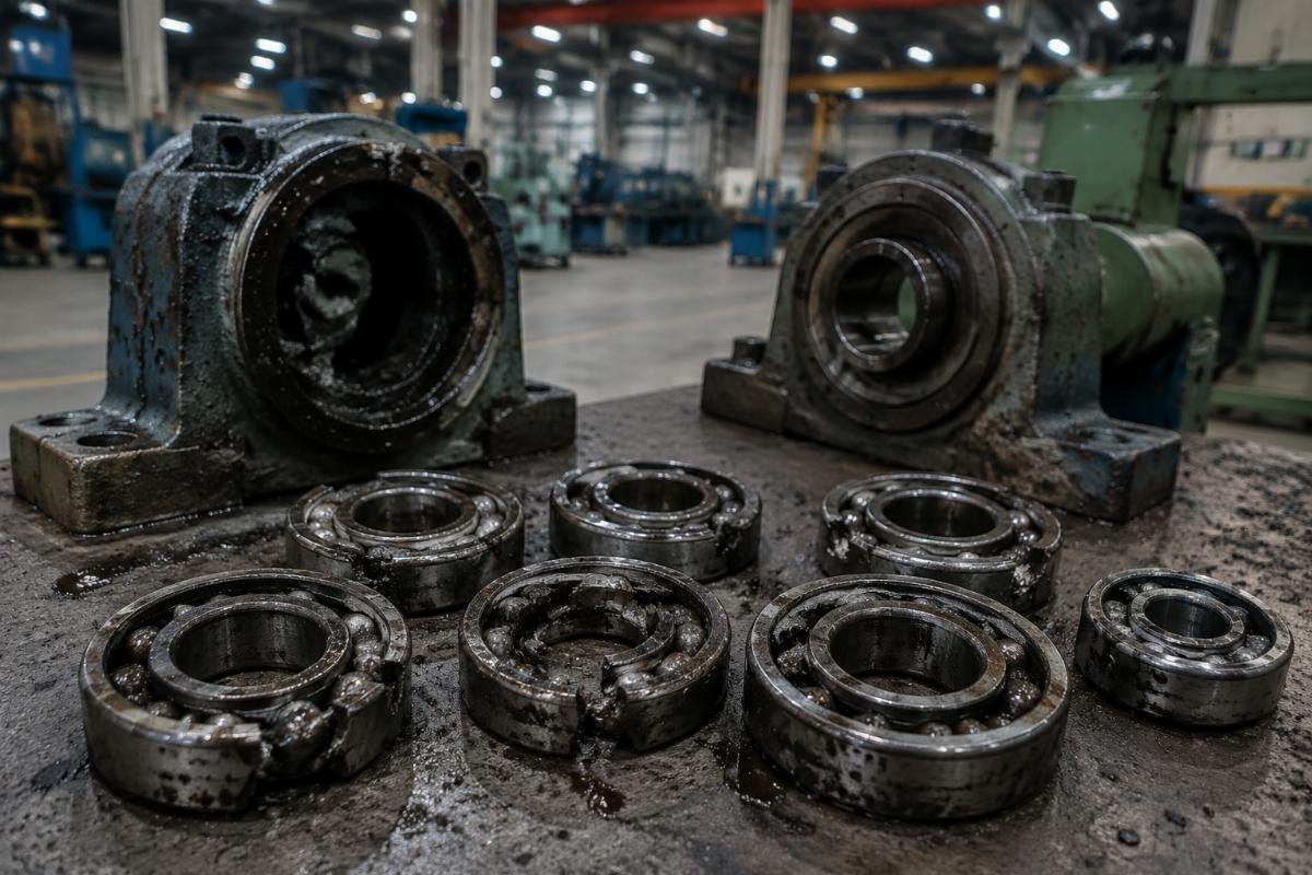 Vietnam factory floor showing failed NSK 6205 bearings removed from machinery housings