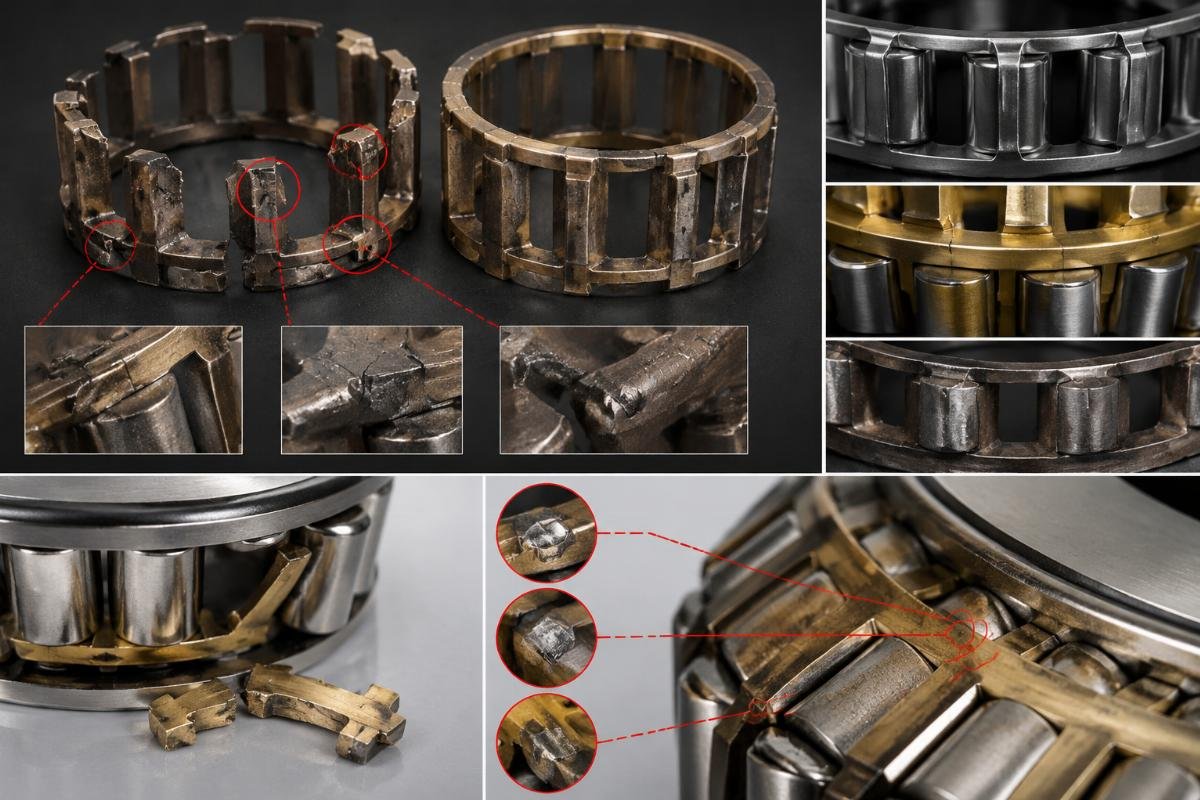 Visual identification of cage fracture, wear, and deformation patterns with root cause indicators Bearing Cage Failure Analysis Examples