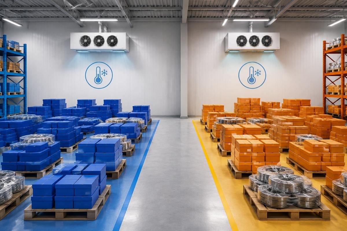 Warehouse layout showing separated SKF and Timken bearing pallets with climate control indicators